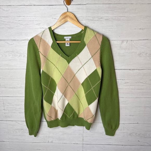 Izod Golf Sweater Womens Size Small Pink Beige & Green Argyle V Neck 100% Cotton - Picture 3 of 16